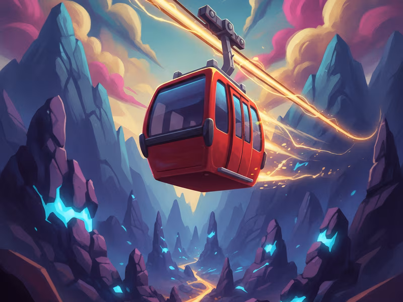 Cable Dash — red gondola climbing over a sunlit valley